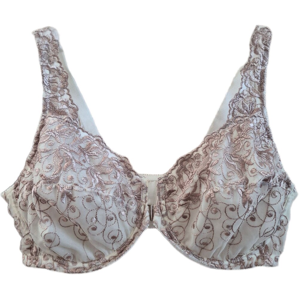 Amoureuse Bra US Size 46C Ivory Front Close Underwire Gold Floral Embroidery EUC